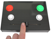 1-4 Button USB response pad with 1024 position slider/fader that works like a USB keyboard. Great for Likert Scales and Judgement and Decision Making studies. Also sends TTL event markers! Best of all it can be custom built to fit your exact requirements with laser cut button positions and choice of button color and size.